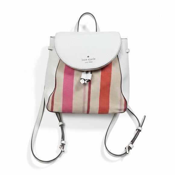 Kate Spade Leila Flap Striped Canvas Backpack Pebbled Leather Pink White main image 13